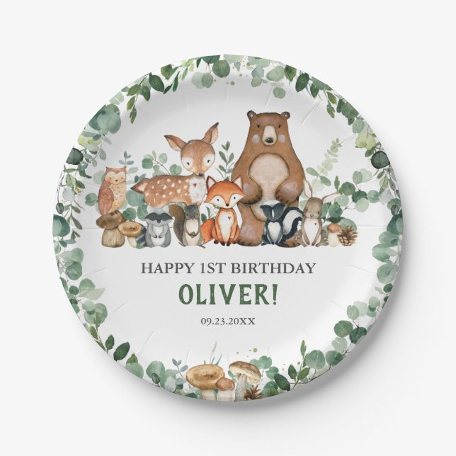 Greenery Woodland Animals Baby Shower Birthday  Paper Plate (Front)