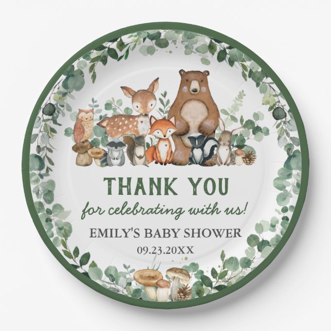 Greenery Woodland Animals Baby Shower Birthday   Paper Plate (Front)