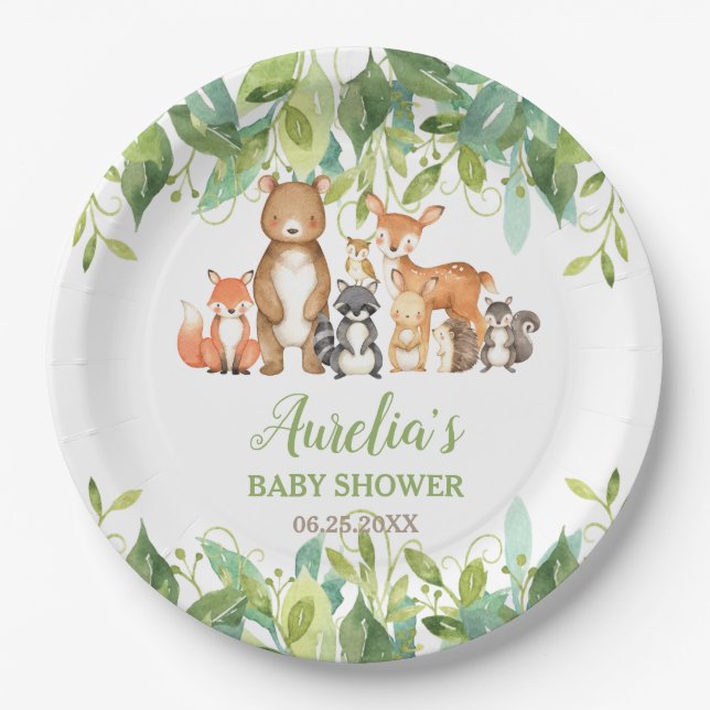 Greenery Woodland Animals Baby Shower Birthday Paper Plate (Front)