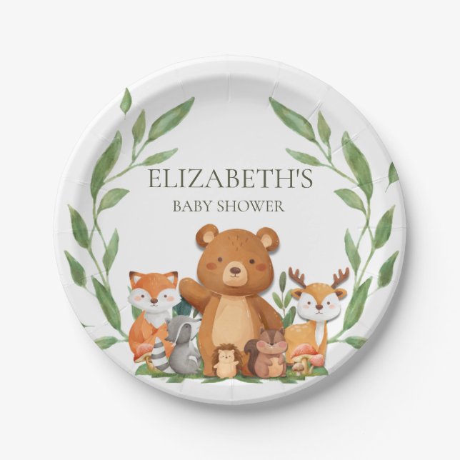Greenery Woodland Animals Baby Shower Birthday Paper Plate (Front)