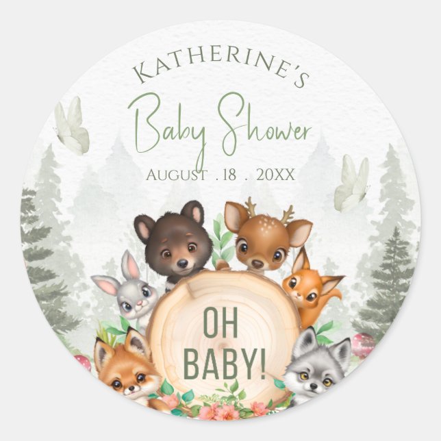 Greenery Woodland Animals Baby Shower  Classic Round Sticker (Front)