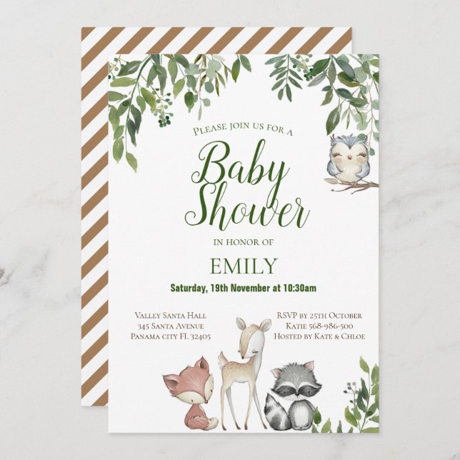 Greenery Woodland Animals Baby Shower Invitation (Front/Back)