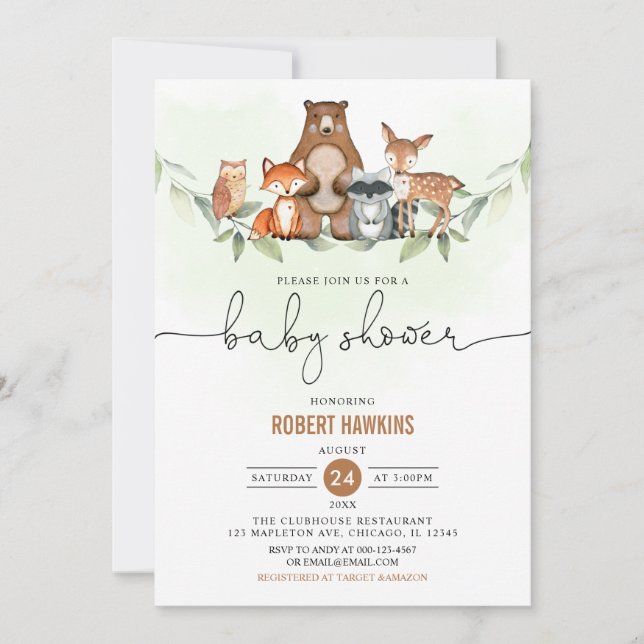 Greenery Woodland Animals Baby Shower Invitation (Front)
