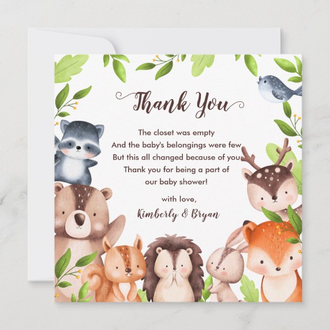 Greenery Woodland Animals Baby Shower Unisex Thank You Card (Front)