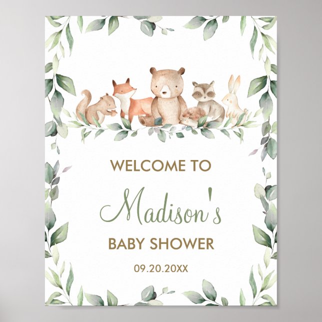 Greenery Woodland Animals Baby Shower Welcome Sign (Front)