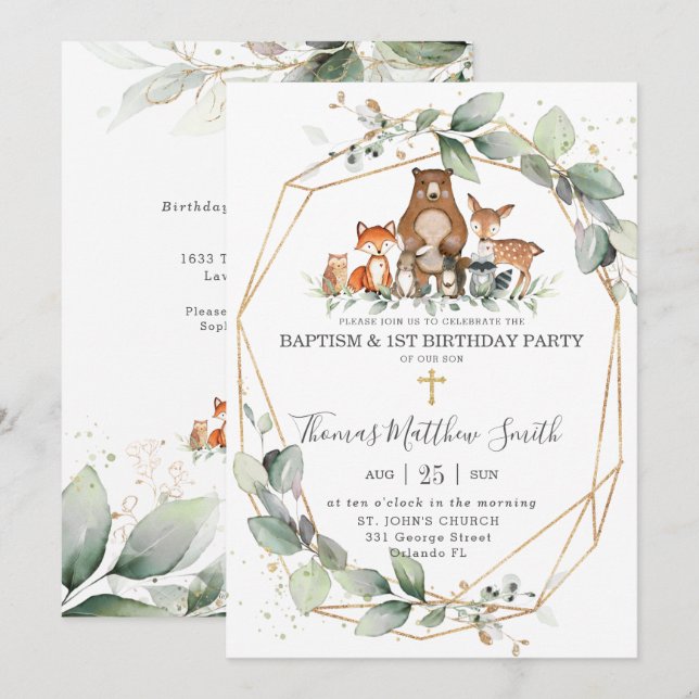 Greenery Woodland Animals Baptism & 1st Birthday  Invitation (Front/Back)