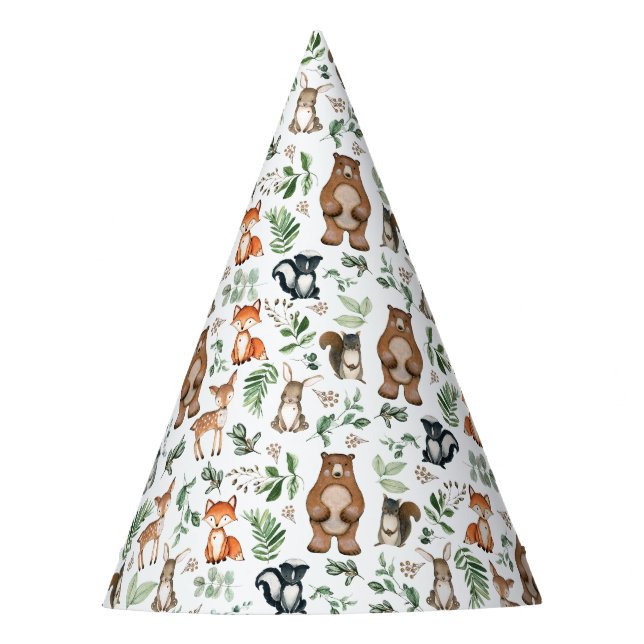 Greenery Woodland Animals Bear Deer Fox Birthday Party Hat (Front)