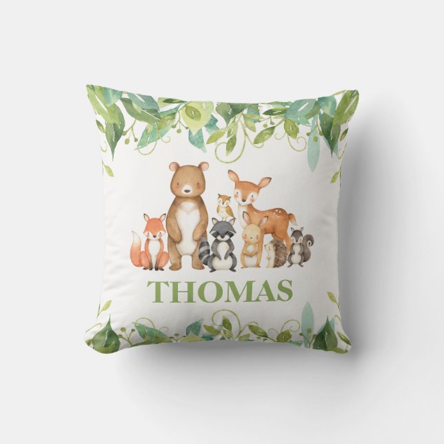 Greenery Woodland Animals Birth Stats Boy Nursery Cushion (Front)