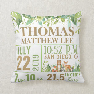 Greenery Woodland Animals Birth Stats Boy Nursery Cushion