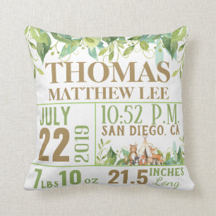 Greenery Woodland Animals Birth Stats Nursery Girl Cushion