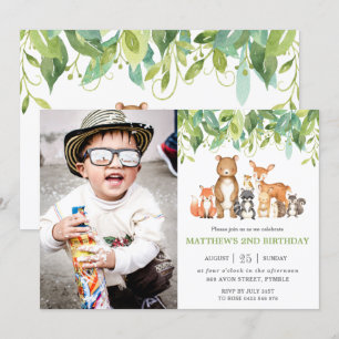 Greenery Woodland Animals Birthday Party Photo Invitation