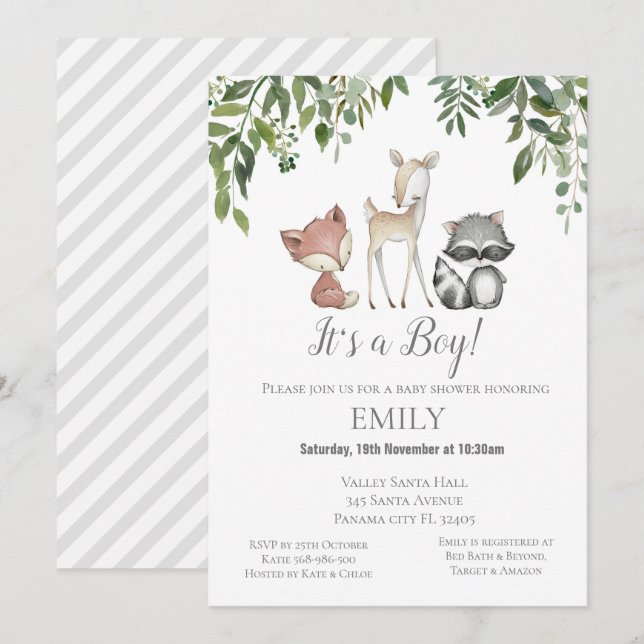Greenery Woodland Animals Invitation - Baby Shower (Front/Back)
