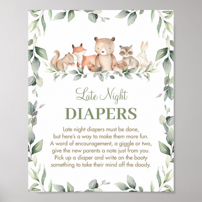 Greenery Woodland Animals Late Night Diapers Sign (Front)