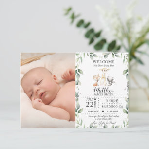 Greenery Woodland Animals New Baby Boy Photo Birth Announcement