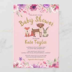 Greenery Woodland Animals Pink Floral Baby Shower Invitation