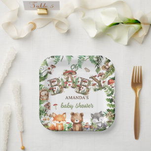 Greenery Woodland Animals Rustic Boho Baby Shower Paper Plate