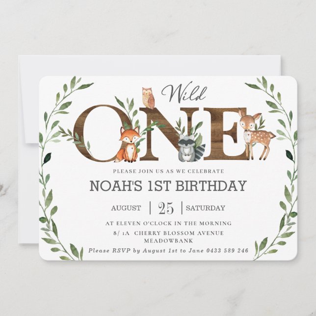 Greenery Woodland Animals Wild ONE 1st Birthday Invitation (Front)