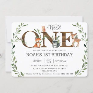 Greenery Woodland Animals Wild ONE 1st Birthday Invitation