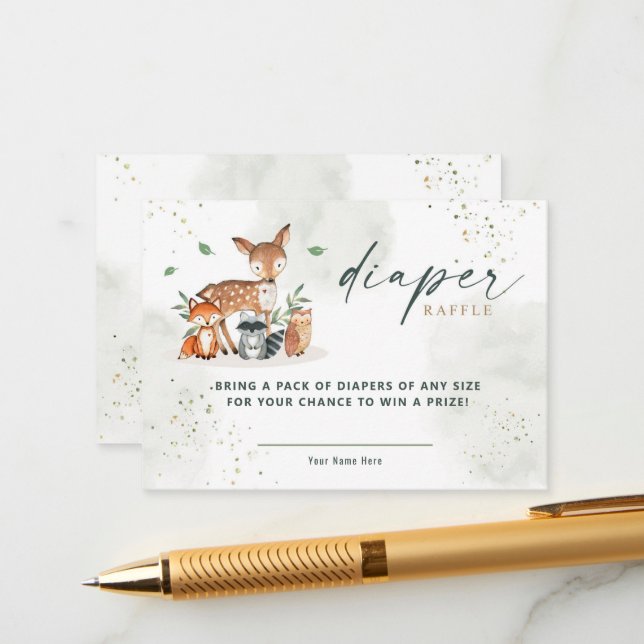 Greenery Woodland Baby Shower Diaper Raffle Enclosure Card (Front/Back In Situ)