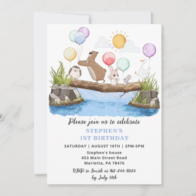 Greenery Woodland Balloons Birthday Party Invitation (Front)