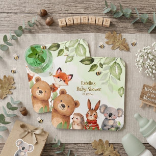 Greenery Woodland Cute Animals Baby Shower Square Paper Coaster