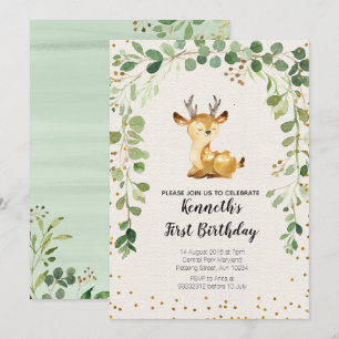 Greenery Woodland Deer Birthday Invitation