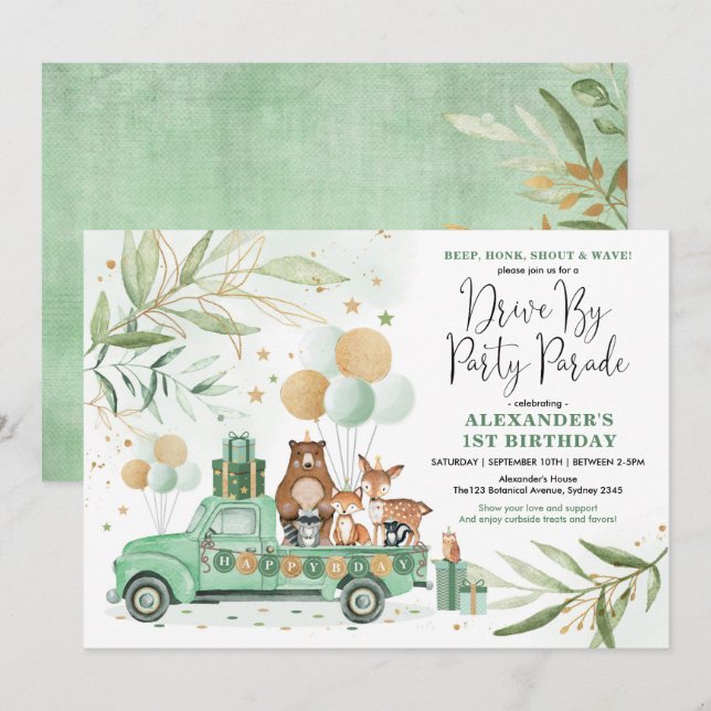 Greenery Woodland Drive By Birthday Party Parade Invitation (Front/Back)