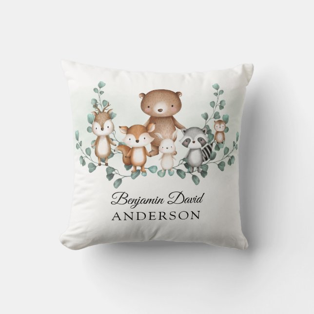 Greenery Woodland Eucalyptus Baby Animals Nursery Cushion (Front)