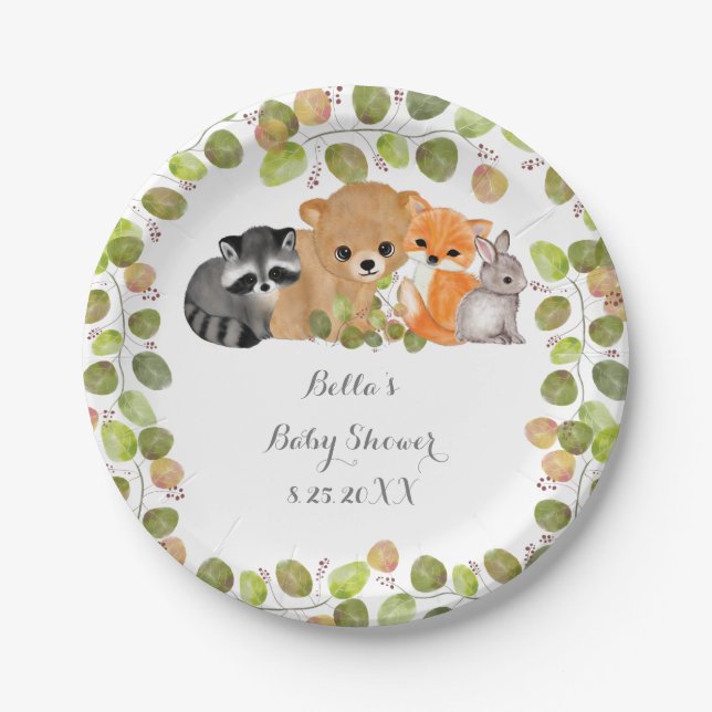 Greenery Woodland Forest Animal Paper Plates (Front)