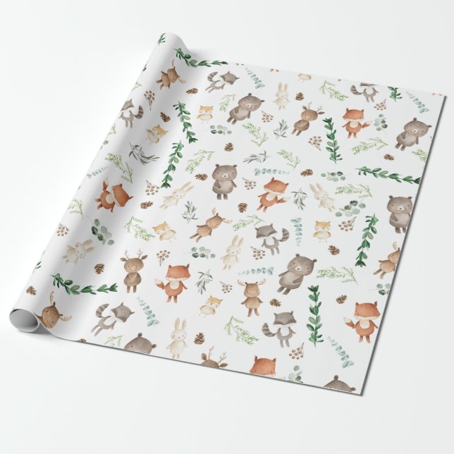 Greenery Woodland Forest Animals Baby Birthday Wrapping Paper (Unrolled)