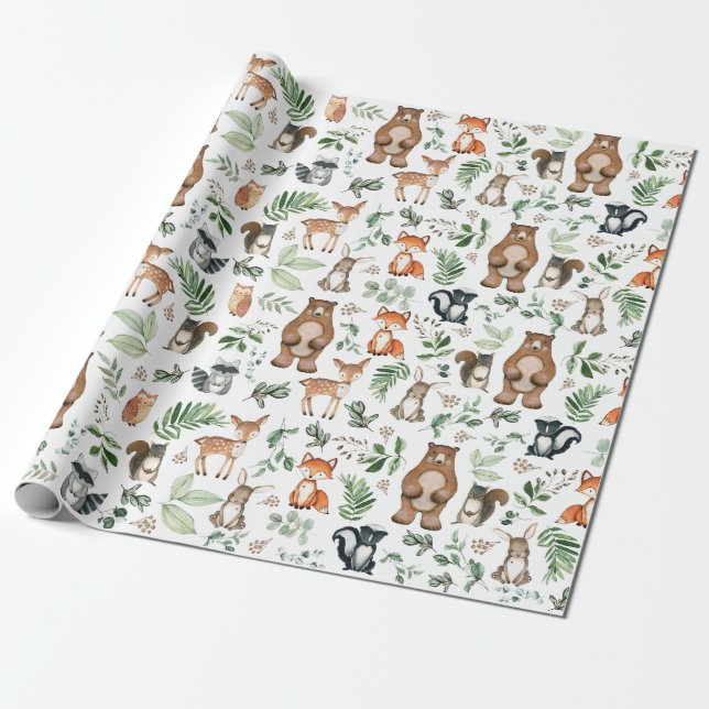 Greenery Woodland Forest Animals Birthday Wild One Wrapping Paper (Unrolled)