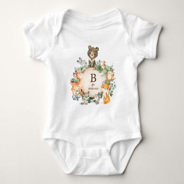 Greenery Woodland Forest Animals Custom Monogram Baby Bodysuit (Front)