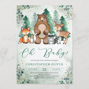 Greenery woodland forest animals gold oh baby invitation