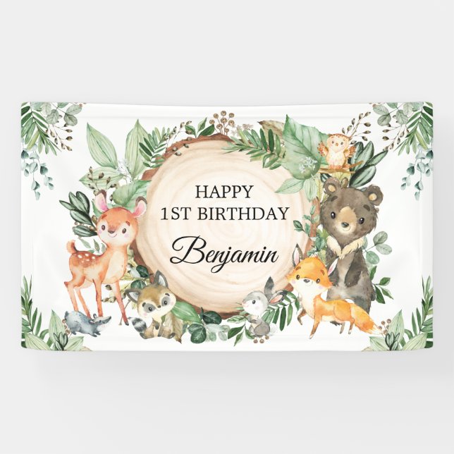 Greenery Woodland Forest Animals Happy Birthday Banner (Horizontal)