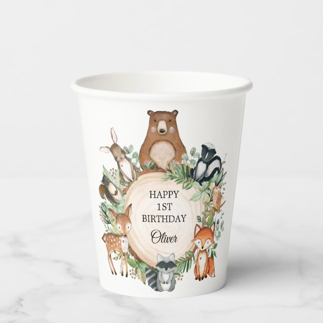 Greenery Woodland Forest Animals Happy Birthday Paper Cups (Back)