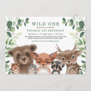 Greenery Woodland Forest Animals Wild One Birthday Invitation