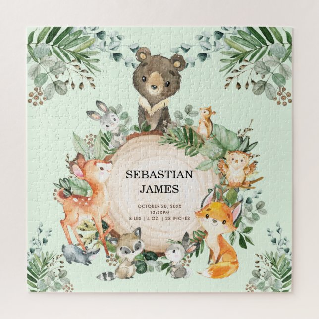Greenery Woodland Forest Baby Animals Birth Stats Jigsaw Puzzle (Vertical)
