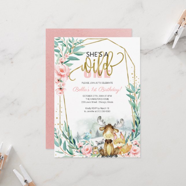 Greenery Woodland She's A Wild One First Birthday Invitation (Front/Back In Situ)