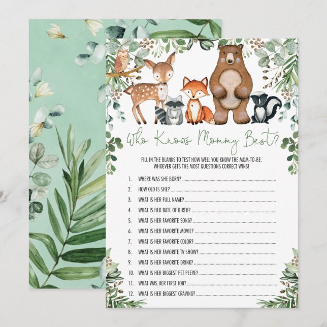 Greenery Woodland Who Knows Mummy Best Game Card (Front/Back)