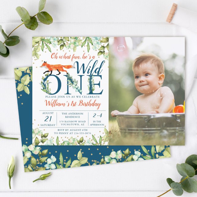 Greenery Woodland Wild One Fox 1st Birthday Photo Invitation (Creator Uploaded)