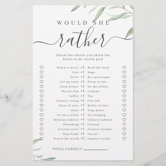 Greenery would she rather bridal shower game (Front)