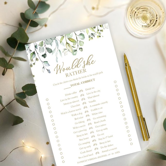 Greenery Would She Rather Bridal Shower Game Flyer (Creator Uploaded)