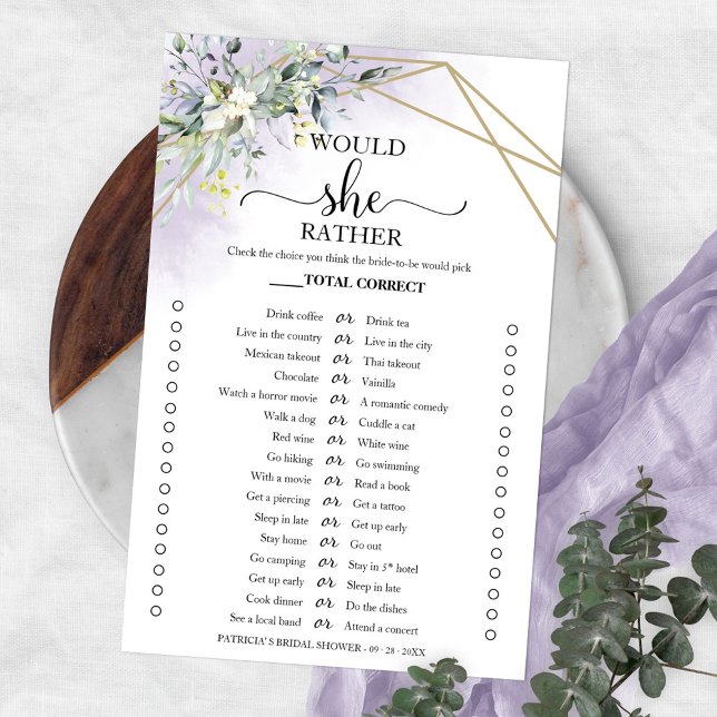 Greenery Would She Rather Bridal Shower Game Flyer (Creator Uploaded)