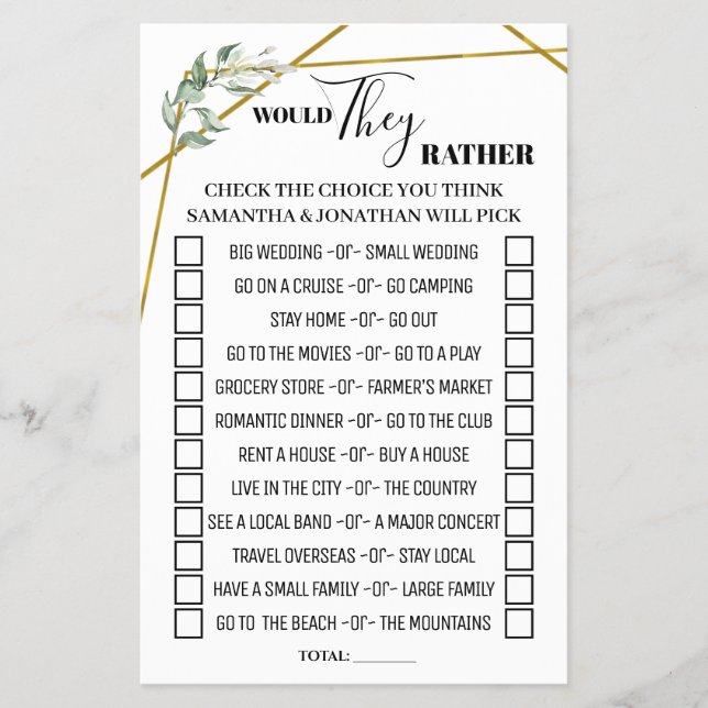 Greenery Would They Rather Bridal Shower Flyer (Front)