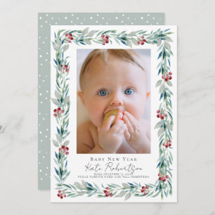 Greenery Wreath Baby New Year Photo Holiday Card