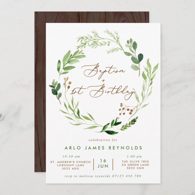 Greenery Wreath Baptism & 1st Birthday Invitation (Front/Back)