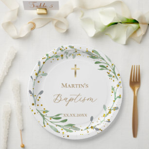 greenery wreath Baptism Paper Plate