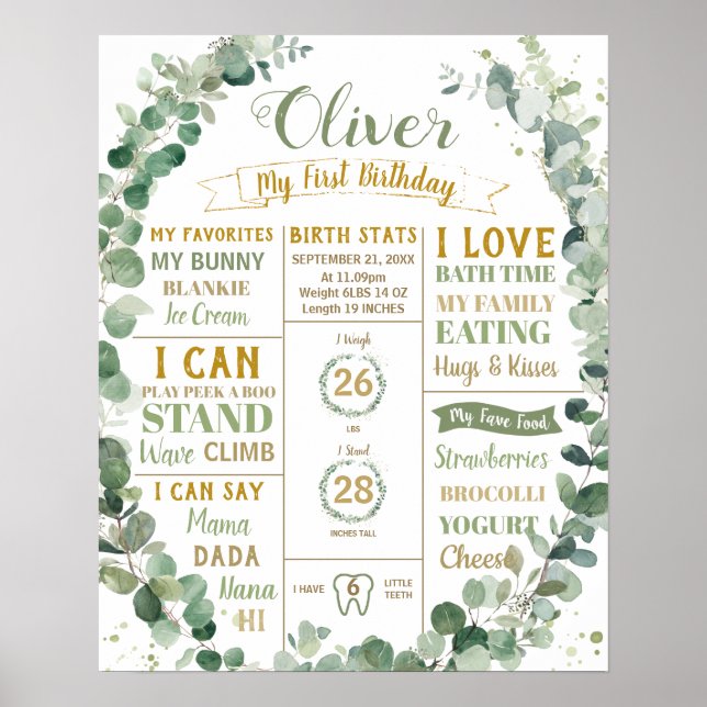 Greenery Wreath Birthday Milestone Birth Stats   Poster (Front)