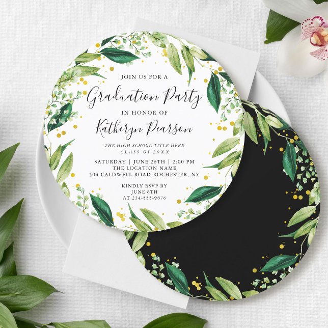 Greenery Wreath Black Gold Glitter Graduation Invi Invitation (Creator Uploaded)