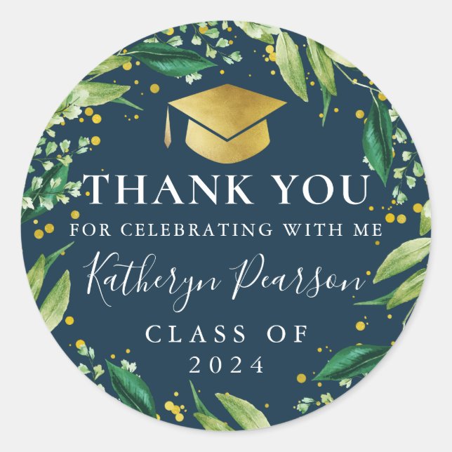 Greenery Wreath Blue Gold  Graduation Thank You Classic Round Sticker (Front)